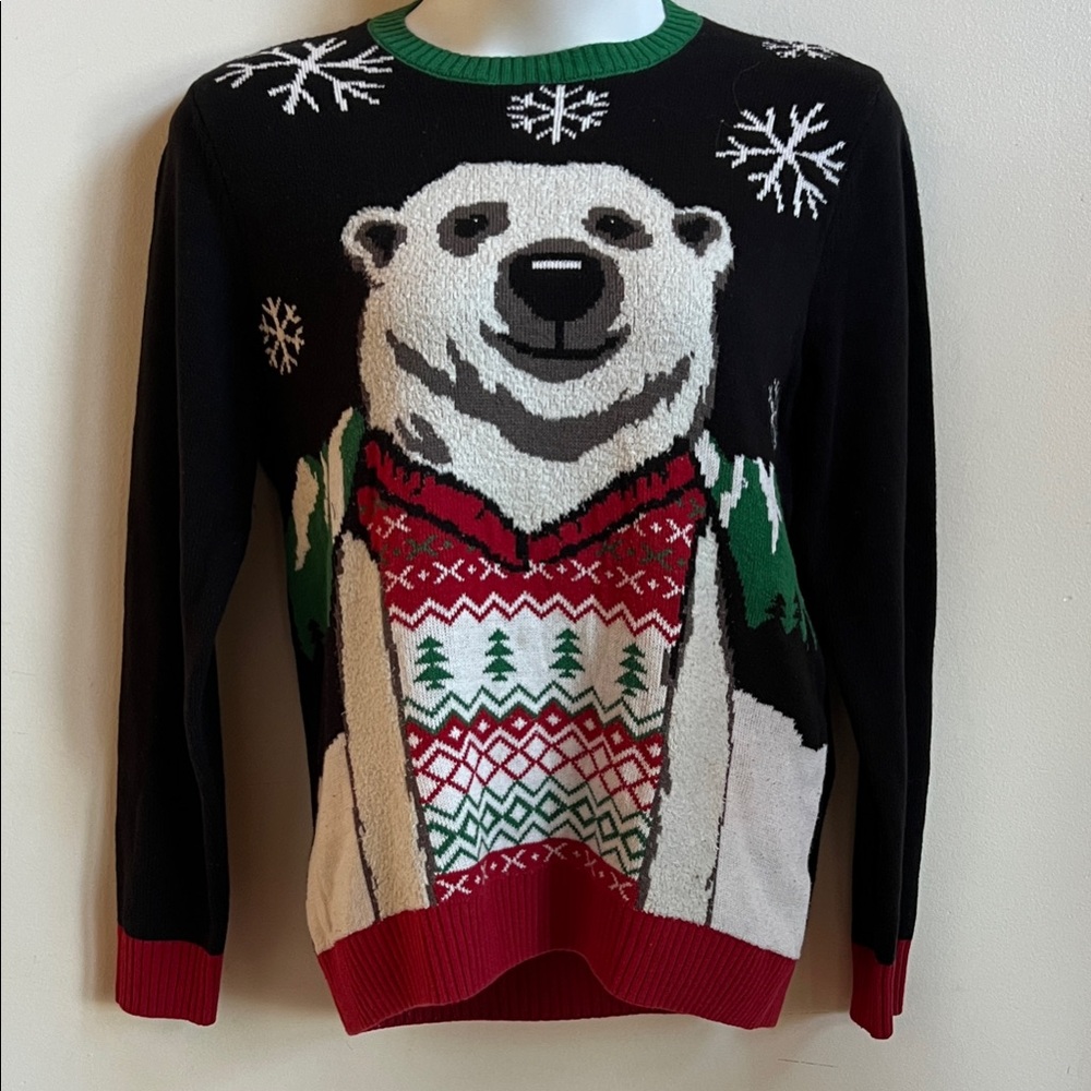 Ugly Christmas Sweater - Black, Red, and Green Polar Bear Design XL
